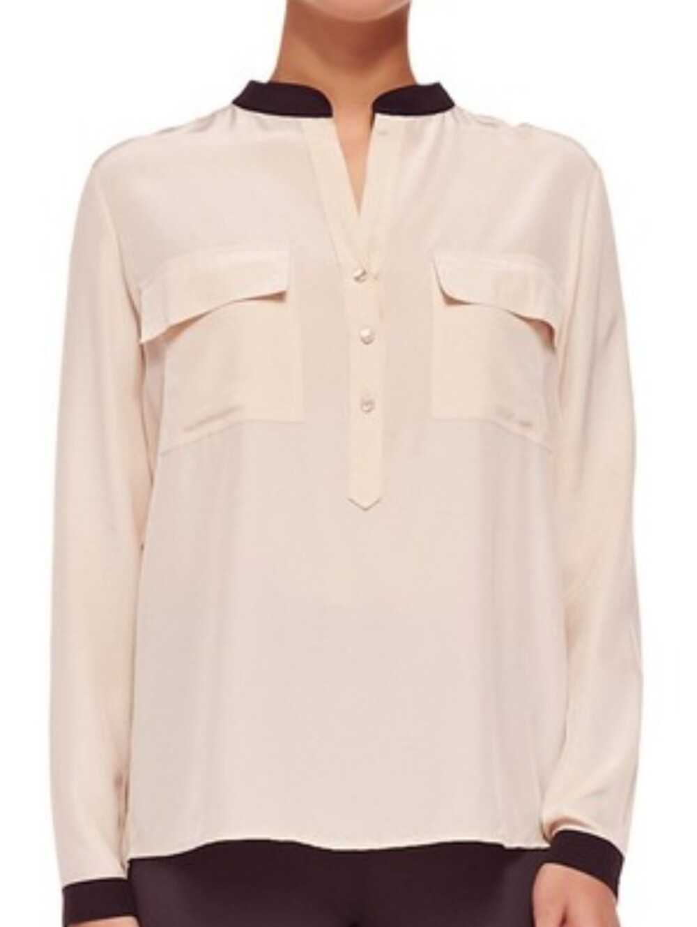 VINCE Silk Blouse sz 4 Long Sleeve Black Contrast Trim Buff nude color